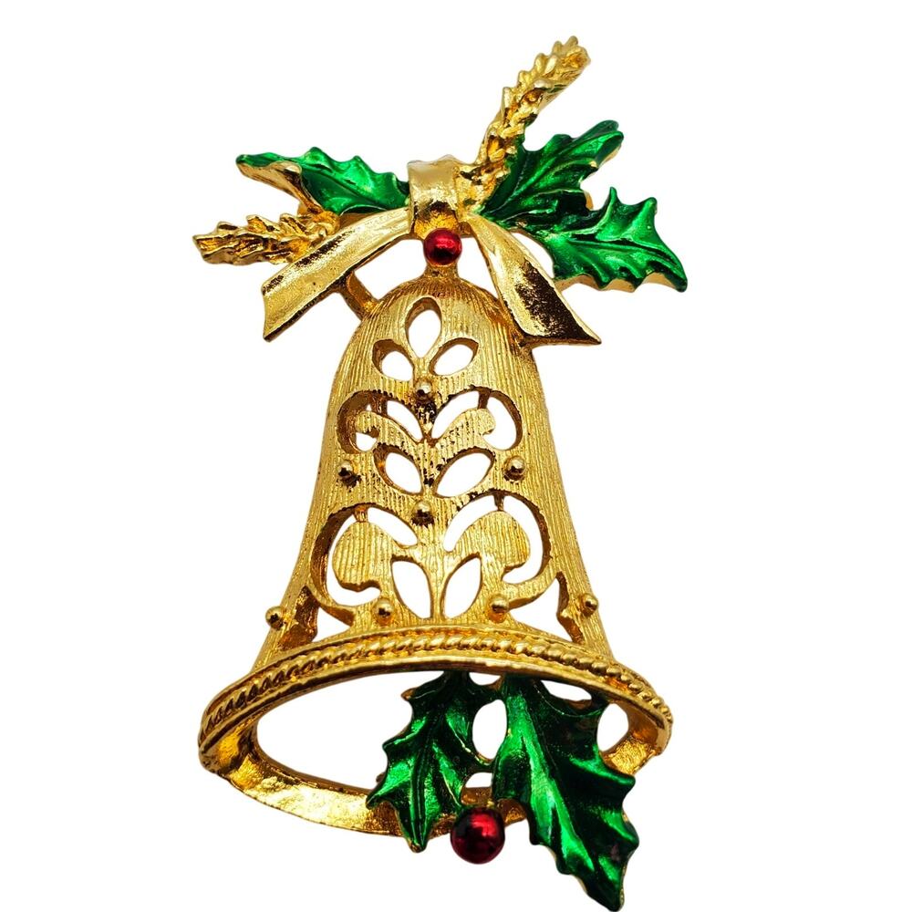 Gerrys Gold Tone Bell Brooch Christmas Holiday Pin Holly Leaves Red Green Enamel